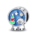 Silver snowman globe charm with blue enamel Christmas tree for DIY bracelets - Crystal Ball (PAC771)