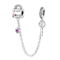 Silver heart lock and key charm with pink zircon and For Love engraving detail - Heart Lock Safety Chain (W-PAC598)