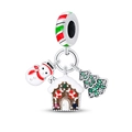Silver snowman gingerbread house and Christmas tree charm pendant with enamel - Merry Christmas Trio Pendant (PAC761)