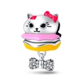 Détail du charm burger chat en argent avec émail rose et nœud scintillant en zircon - Hamburger de Chat (W-PAC665)