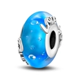 Macro view of blue glass charm bead with silver Love engraving for charm bracelets - Blue Murano Glass Charm