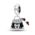 Detail of silver handbag charm with bow and sunglasses featuring red heart accents - Travel Bag Pendant