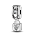 Macro shot of silver heart lock charm with sparkling zircons for DIY charm bracelets - Heart Lock Buckle Charm (W-PAC601)