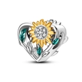 Abalorio de girasol en forma de corazón de plata con pétalos amarillos y circonitas claras - Cuenta Girasol Corazón