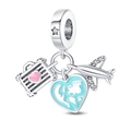Detailed silver travel charms featuring heart suitcase, globe map, and zircon airplane - Pac632 - Glowing Airplane And Earth Three-piece Set