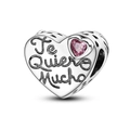 Silver heart charm with Te Quiero Mucho engraving and pink cubic zirconia stone - Heart Guardian Style (KTC425)