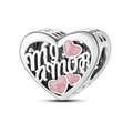 Silver heart charm bead with mi amor text and pink enamel hearts for jewelry - Heart Style (KTC369)
