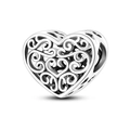 Silver openwork heart bead charm with intricate filigree scrolls for charm bracelets - Entwined Love Style (KTC527)
