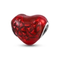 Silver heart charm bead with bright red enamel finish and heart pattern textures - Bright Red Heart Style (KTC318)
