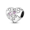 Silver heart charm with puzzle engraving and two pink crystal stones for bracelets - ECG Heart Style (KTC182)
