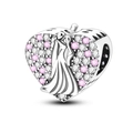 Silver heart charm bead with pink and white cubic zirconia and mother-child relief - Wedding Temple Style (KTC583)