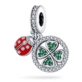 Détail du charm coccinelle et trèfle à quatre feuilles en argent avec émail et gemmes - Breloque Coccinelle Feuille Verte (W-PAC118)