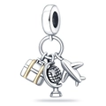 Detailed travel charm featuring a vintage suitcase, globe, and airplane in silver finish - Pac114 - Airplane Earth Bag Pendant