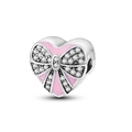 Silver heart charm with pink enamel bow and white zircon stones for DIY bracelets - Gift Box Style (KTC343)