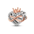 Silver and rose gold heart charm with crown and infinity symbol featuring CZ stones - Crown Infinity Love Heart Style (KTC390)