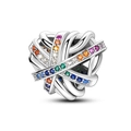 Rainbow heart charm with interlocking silver bands and colorful cubic zirconia stones - Sparkling Heart Hollow Out Style (KTC536)