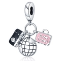Detail of travel charms with silver camera, globe, and pink I Love Travel suitcase - Earth Camera Suitcase Style (W-PAC055)