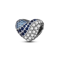 Silver heart charm with blue and white pavé cubic zirconia for beaded bracelets - Pavé Colorful Zircon Heart Style (KTC275)