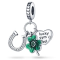 Pendentif trèfle et fer à cheval en argent avec pierres de zircone vertes étincelantes - Breloque Fer à Cheval Fleur (W-PAC155)