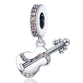 Detailed view of silver violin charm with multi-colored crystals for jewelry bracelets - Violin Style (W-PAC026)