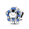 Charm étoile en argent avec chat de dessin animé et zircons bleus et blancs - Breloque Étoile Animal et Fleur (W-PAC580)