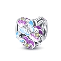 Détail du charm coeur en argent avec papillon bleu et motifs floraux en émail - Breloque Cœur Fleur Papillon (W-PAC589)
