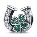 Macro shot of horseshoe pendant with green clover gemstones and silver crystal pavé - U-shaped Horseshoe Charm (W-PAC156)