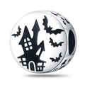 Halloween charm with haunted house and bats silhouette in silver and black enamel - Castle Beads