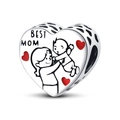 Macro detail of heart-shaped silver charm with Best Mom engraving and red enamel heart - Heart Parent-Child Bead (PAC820)
