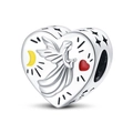 Macro detail of silver heart charm featuring angel wings and colorful enamel accents - Heart Angel Blessing Bead (PAC821)