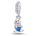 Detail of S925 silver charm with pink rabbit in a blue enamel teacup and logo engraving - Alice Rabbit in Cup (PAC826)