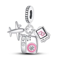 925 silver travel charm with airplane, camera and pink heart frame for DIY bracelets - Pac463 - Travel Airplane Camera Three-piece Charm Set