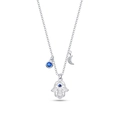 Detailed close-up of silver Hamsa Hand and crescent moon pendant necklace with blue zircons - Hamsa Hand Style (PAN006) / Silver