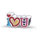 Detailed view of silver charm bead with colorful I Heart U enamel design and bead hole - I Love U Colorful Letter Bead