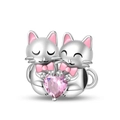 Charm chat en argent S925 avec émail rose et zircon en forme de cœur pour bracelets - Style Double Chat Cœur (PAC898)