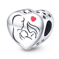 Macro detail of silver heart charm with family silhouette and red enamel heart accent - Happy Family Heart Bead (PAC409)