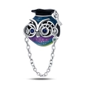 Detailed view of graduation owl charm with blue enamel, mortarboard and glasses - Owl Scholar With Glasses Style (PAC836)