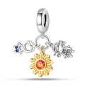 Detailed charm with golden sunflower, orange stone, and zircon accents on silver loop - Sunflower & Figures Triple Pendant