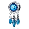 Charm attrape-rêves en argent S925 avec émail bleu et plumes pour bijoux DIY - Combo Étoile Lune Plume (PAC1053)