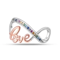 Macro shot of silver infinity ring with Love script and rainbow gemstone inlay detail - Infinity Love Colorful Bead
