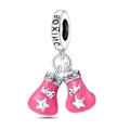 Pink boxing gloves charm in silver with sparkling zircons and engraved boxing detail - Pink Boxing Glove Pendant (PAC876)