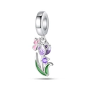 Macro view of silver tulip charm with purple enamel, pink butterfly and leaf details - Purple Tulip Pendant (PAC900)