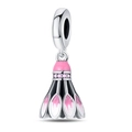 Macro detail of silver badminton charm with pink enamel and sparkling zircon stones - Purple Badminton Pendant