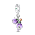 Detail of flower charm with purple enamel petals and green leaves in 925 silver - Purple Flower Bead (PAC923)