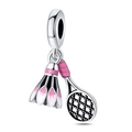 Detailed close-up of a silver badminton shuttlecock and racket charm with pink enamel - Purple Badminton Racket Pendant