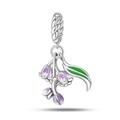 Macro detail of silver lily of the valley charm with purple enamel and green leaves - Happy Lily of the Valley Pendant (PAC903)