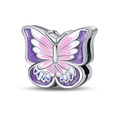 Detailed view of silver butterfly charm with purple glitter wings and pink enamel details - Violet Butterfly