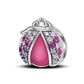 Detailed close-up of a ladybug charm bead with colorful zircon stones and red enamel inlay - Pink Ladybug