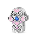 Detail of silver Hamsa charm with pink enamel heart and blue cubic zirconia stone - Hamsa Hand Guardian