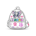 Close-up of S925 silver backpack charm with butterfly, pink heart and colorful stones - Adventure Backpack Bead (PAC1255)